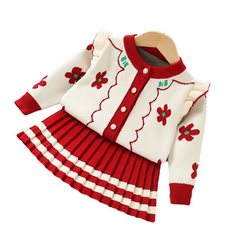 Mädchen Pullover 2023 Herbst/Winter Neue Koreanische Version Fasable Blume Gestrickte Plissee Prinzessin Kleid Zwei Stück Set_voghion.com