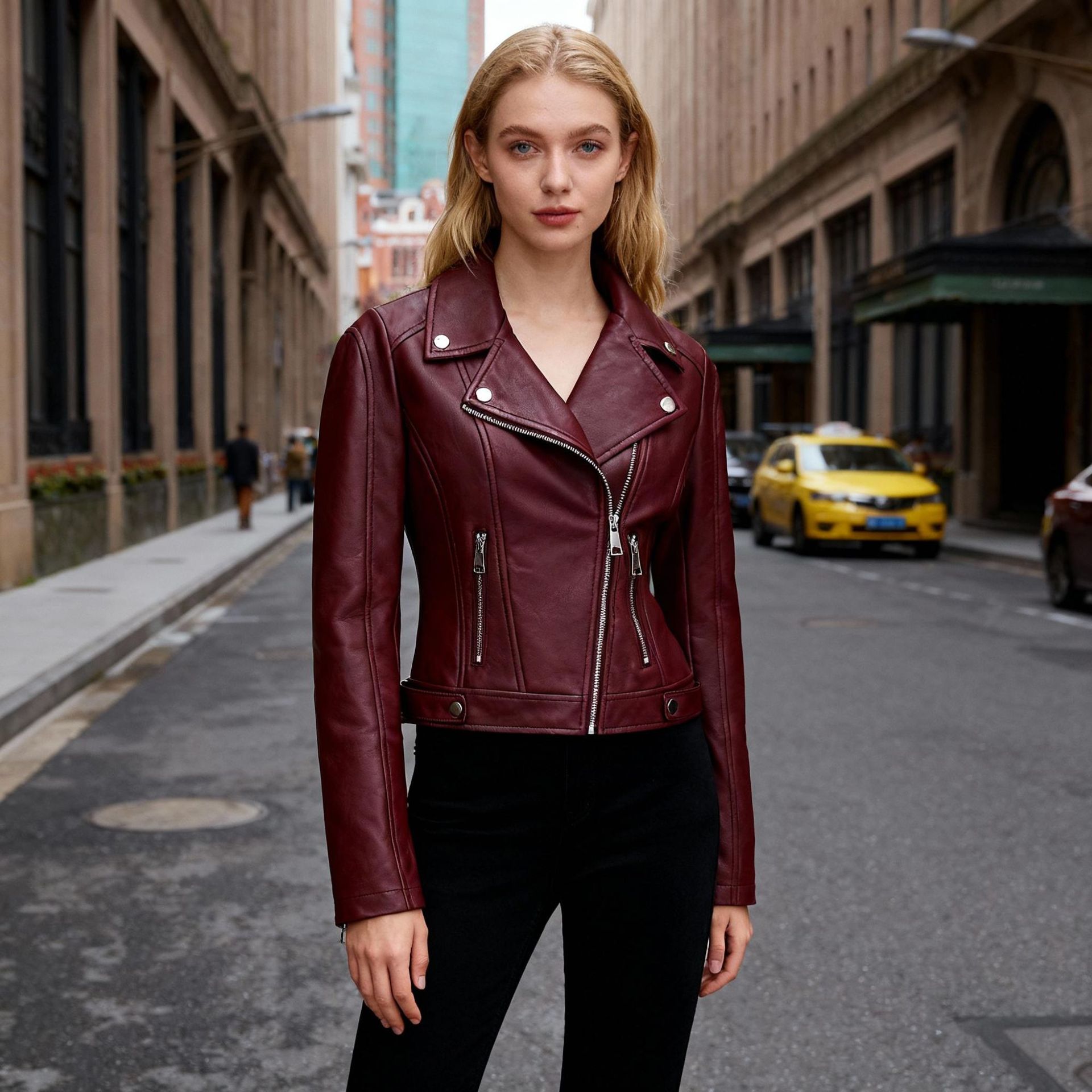 2025 Spring and Autumn New Skin-Friendly Pu Motorcycle Jacket Slim Fit Short Women's Leather Jacket with Zipper and Four-Button Short Coat
