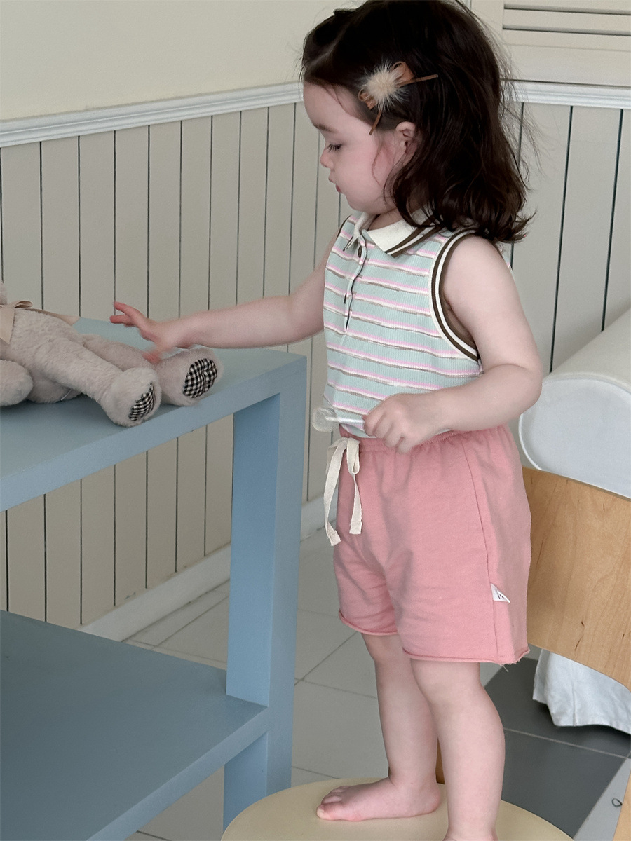 Chaleco a rayas para niñas set de pantalones cortos delgados ropa infantil coreana 2026 verano nuevo ropa de verano infantil ropa de bebé image 4