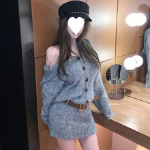 纯欲一字肩女修身连衣裙针织毛衣短裙设计感收腰包臀裙子带皮带