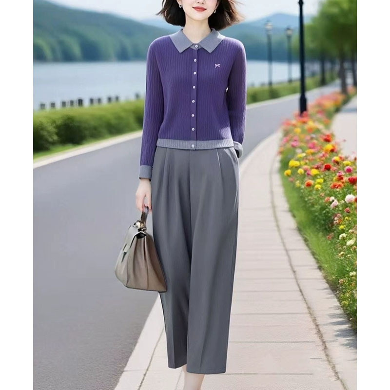 GraceChic Super Beautiful Top in maglia con risvolto viola abbinato, completo autunno 2025, pantaloni casual, set da due pezzi_voghion.com