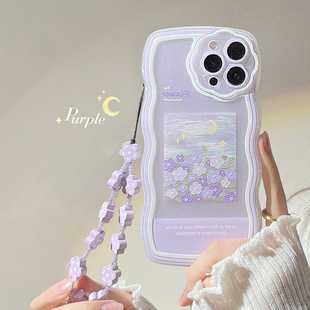 Oil Painting Flowers Suitable for Iphone15 Apple 14Promax Mobile Phone Case 13 Purple Flower Hanging Chain Wave 12 Transparent 11