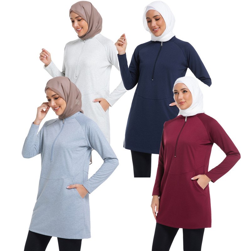 European and American Women's Tops, Sportswear, Arab Middle Eastern Solid Color Long-Sleeved Zipper Sweatshirt, Outdoor Y026 European and American Women's Tops, Sportswear, Arab Middle Eastern Solid Color Long-Sleeved Zipper Sweatshirt, Outdoor Y026