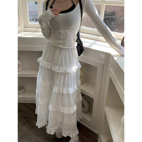 White skirt for women's summer high-waisted skirt cake skirt gentle style long skirt design niche hook flower skirt