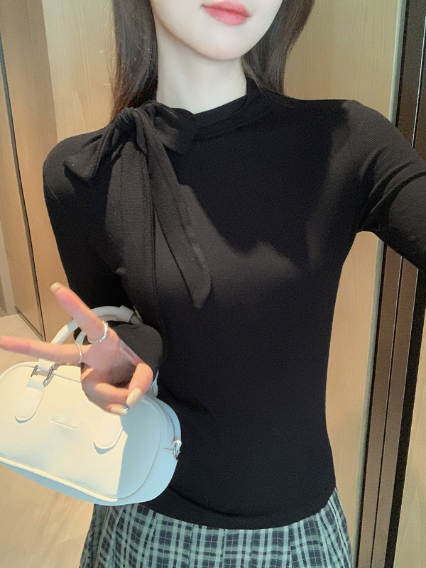 别致蝴蝶结灰色纯欲半高领打底衫T恤女秋季韩系修身内搭长袖上衣|undefined