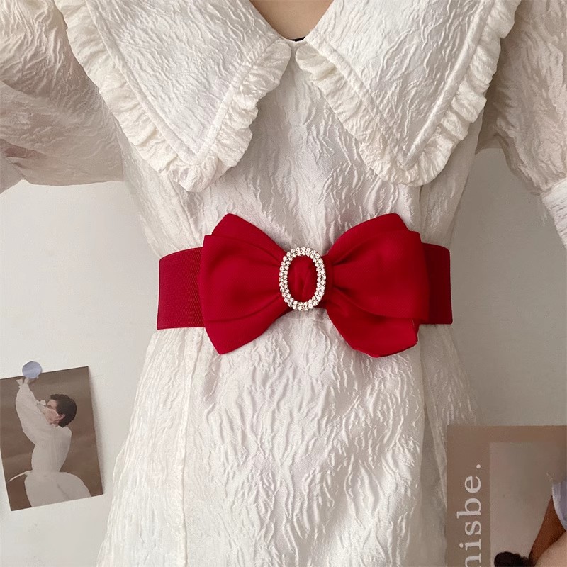 1 Piece Quantity Sweet Bow Knot Cloth Elastic Band Inlay Rhinestones Women's Woven Belts