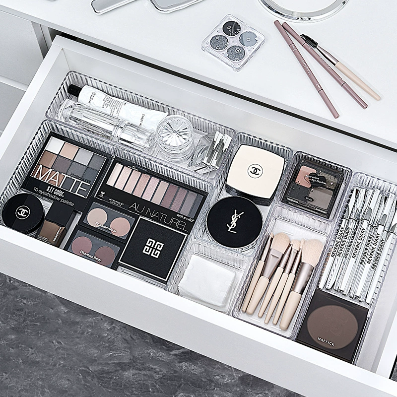 Desktop storage box acrylic transparent drawer with removable dividers for cosmetics and classification
