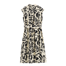 跨境外贸2024夏季新款女装欧美风印花迷笛无袖衬衫式连衣裙336176