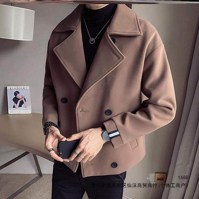 Men's Short Autumn/Winter Wool Coat, Korean Style, Trendy and Stylish, Button-Down Trench Coat, Loose Fit, Thickened Wool Jacket W3