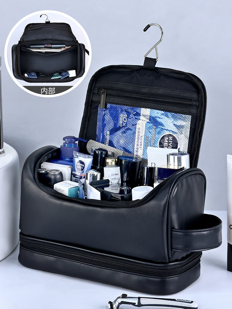 Bolsa de almacenamiento portátil con gancho, bolsa de aseo cosmética simple de negocios para hombre portátil de viaje de cuero de pupilo, bolsa de cosméticos