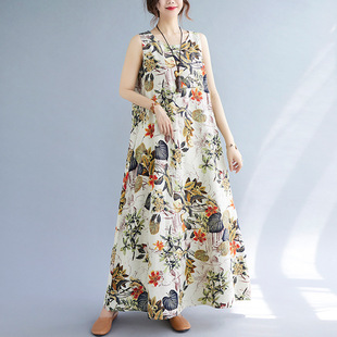Long Skirt Plus Size Women's Summer Retro Ethnic Style Loose Printed Sleeveless Cotton and Linen Long Pullover Vest Dress
