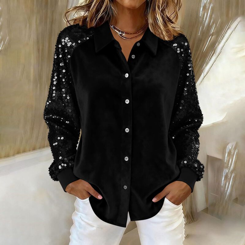 2026 European and American Cross-Border Amazon Independent Site Women's Sequin Sleeve Patchwork Long-Sleeve Velvet Loose Shirt Top 2026 European and American Cross-Border Amazon Independent Site Women's Sequin Sleeve Patchwork Long-Sleeve Velvet Loose Shirt Top