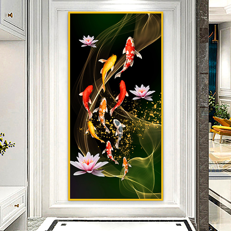 Pintura de entrada de pintura tradicional china Pintura de decoración del pasillo frente a la puerta Pasillo de nueve peces Pintura colgante de fondo de lujo ligero Pintura mural