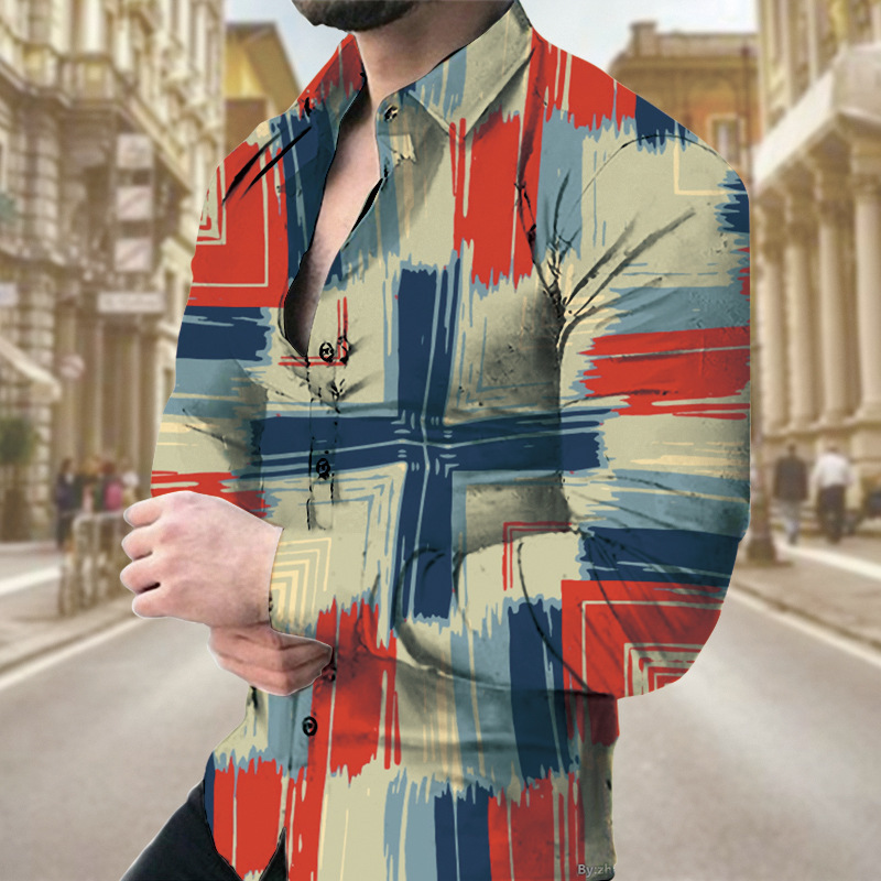 Spring And Autumn New European And American Men's Long Sleeve Shirt Casual Printed Shirt_viptrois.com