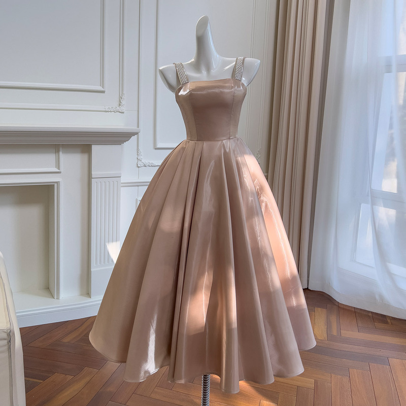 French Retro Palace Style Glitter Satin Pearl Suspender Dress Princess Tutu Skirt Waist Long Skirt 69454