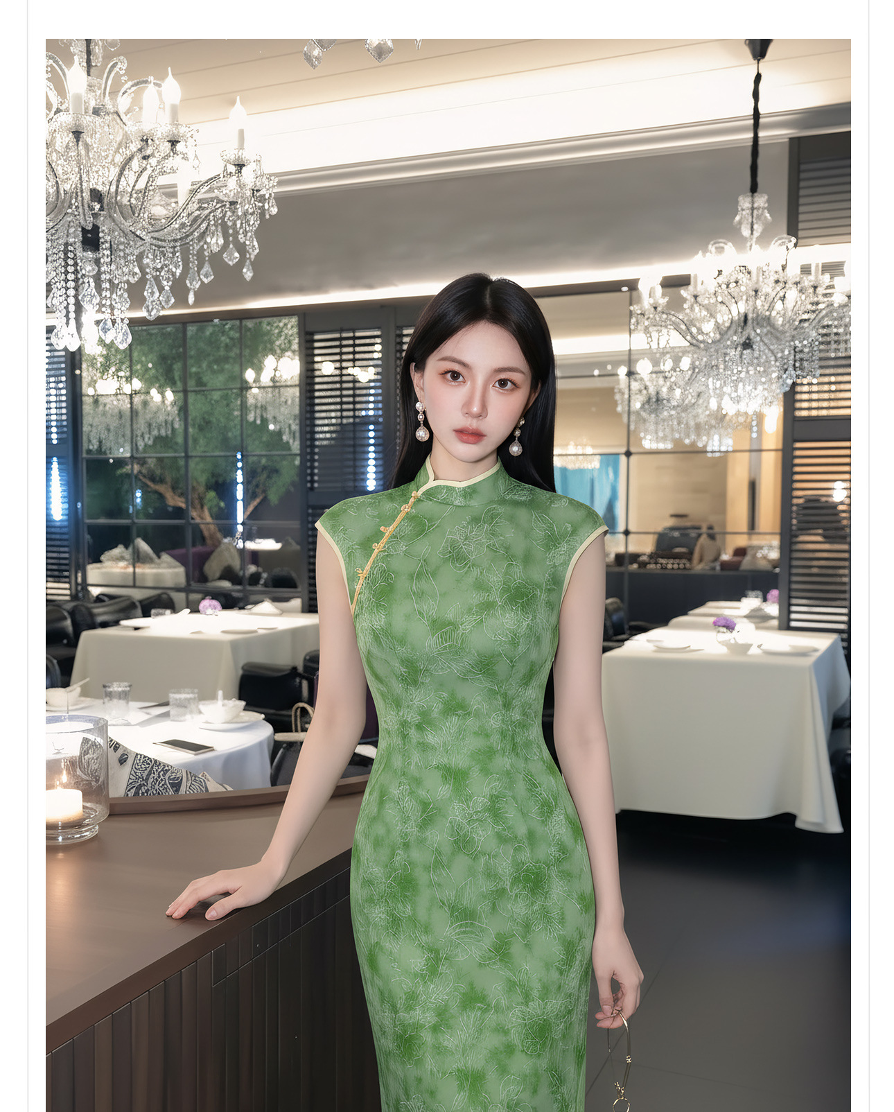 Đầm maxi nữ thắt eo cổ đứng tay dài họa tiết loang màu phong cách Tân Trung Hoa — Xanh lá cây nhạtcolor chi tiết 4