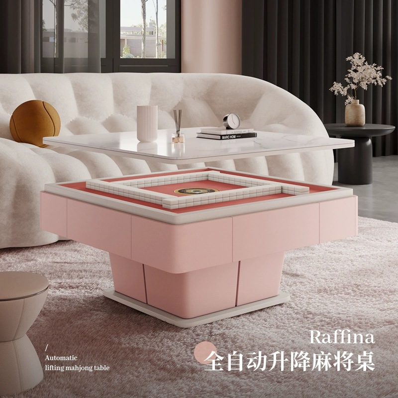 Mesa de mahjong con elevación de madera maciza mesa de centro 2025 nueva sala de estar integrada de doble uso mesa de comedor multifuncional para el hogar rosa todo en uno