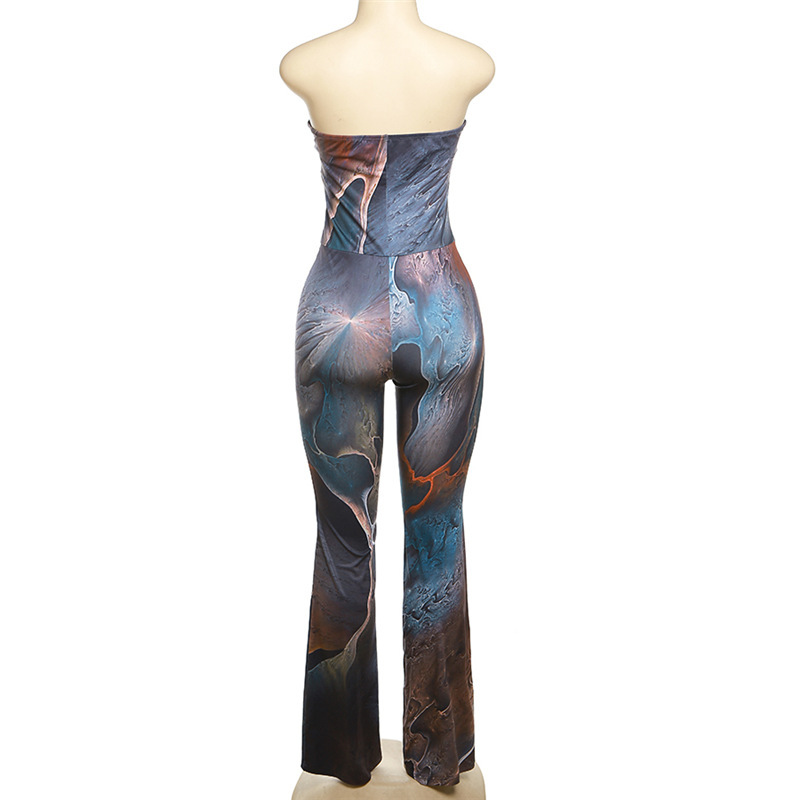Women Clothing Autumn Winter Sexy Tube Top Backless Abstract Printing High Waist Long Jumpsuit