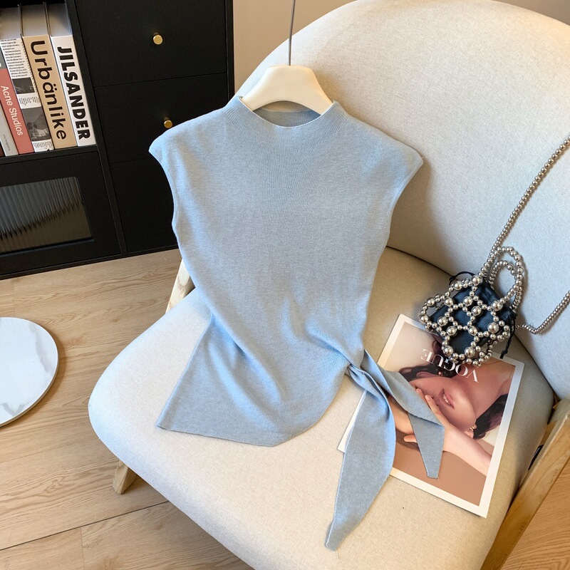 Half Turtleneck Short-Sleeved Knitwear for Women Summer New Pure Desire Slimming Look T-Shirt Side Lace-Up Design Top