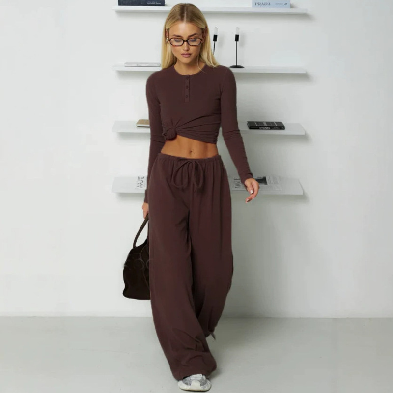 2026 Autumn New European and American Cross-Border Casual Knit Home Wear Set: Pullover Long-Sleeve Top and Tie-Waist Trousers 2026 Autumn New European and American Cross-Border Casual Knit Home Wear Set: Pullover Long-Sleeve Top and Tie-Waist Trousers