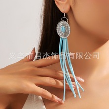 跨境欧美波西米亚风耳环气质创意个性耳坠复古长款皮流苏耳饰批发