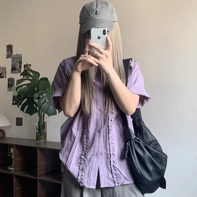 Retro Purple Ruffled Pleated Short-Sleeved Shirt for Women, New Summer Design, Loose and Versatile Casual Shirt Top Retro Purple Ruffled Pleated Short-Sleeved Shirt for Women, New Summer Design, Loose and Versatile Casual Shirt Top