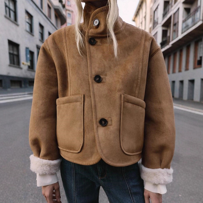 Cross-Border European and American Style Women's Clothing Aliexpress Popular Fashion Casual Lapel Bead Leather Short Double-Sided Reversible Jacket Cross-Border European and American Style Women's Clothing Aliexpress Popular Fashion Casual Lapel Bead Leather Short Double-Sided Reversible Jacket