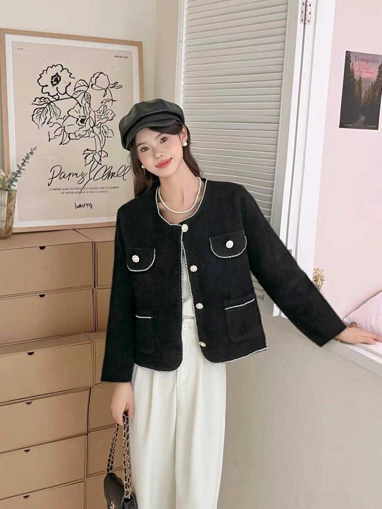 Famous estilo de mujer francesa pequeña fragancia cardigan de punto de mujer otoño y invierno 2024 nuevo cuello redondo manga larga suéter de abrigo image 3