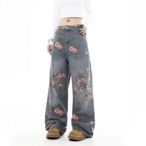 American street style washed vintage distressed ripped jeans men's spring/autumn loose straight-leg long pants European and American high street vibe