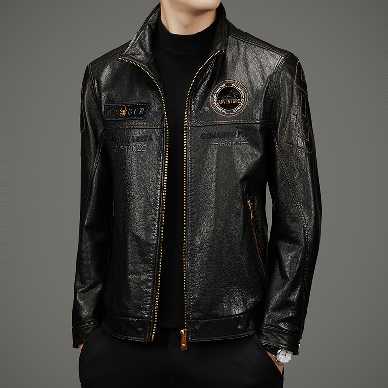 Cowhide Genuine Leather Jacket Men's Pilot Leather Jacket 2025 Spring and Autum Stand Collar Embossed Embroider Motorcycle Jacket Trendy