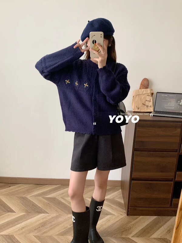 小个子圆领绣花短款毛衣外套女宽松秋装新款甜美日系女士针织上衣|undefined