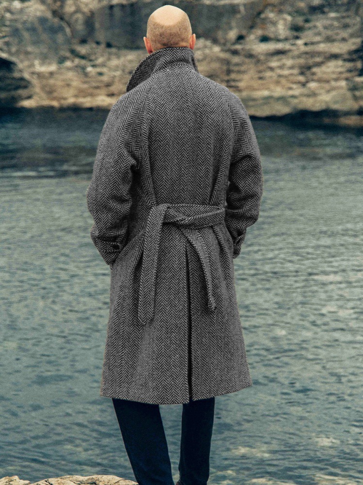 2024 European size cross-border autumn and winter new men's mid-length wool plaid double-breasted cotton padded coat for men