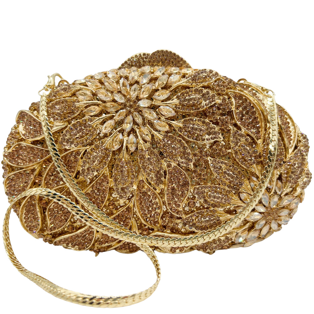 Túi clutch nữ đính kim cương hộp cứng kim loại rỗng — Kim cương trắng trên vàng, Kim cương vàng trên vàng, bạc, sâm panh chi tiết 1