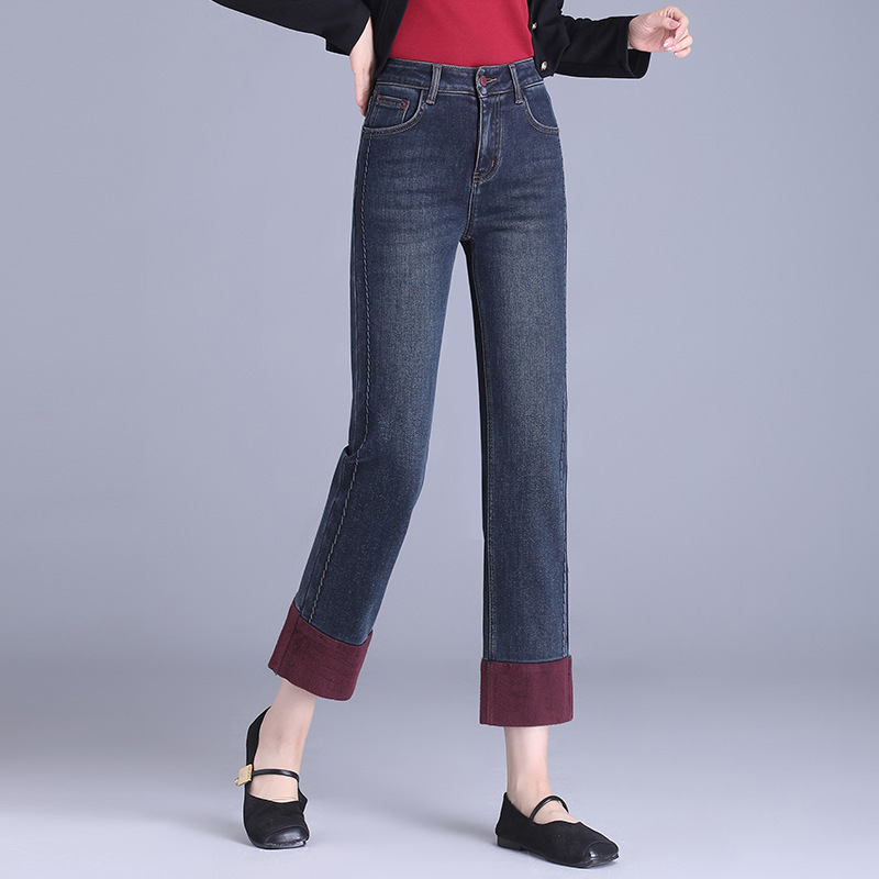 Autumn and Winter Thick Straight-Leg Jeans High Waist Slim-Fit Slim-Fit Boot Pants Slim-Fit fleece-lined Straight-Leg Pants for Small