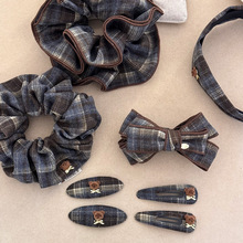 复古格纹小熊发夹布艺蝴蝶结简约百搭bb夹后脑勺香蕉夹半扎发头花