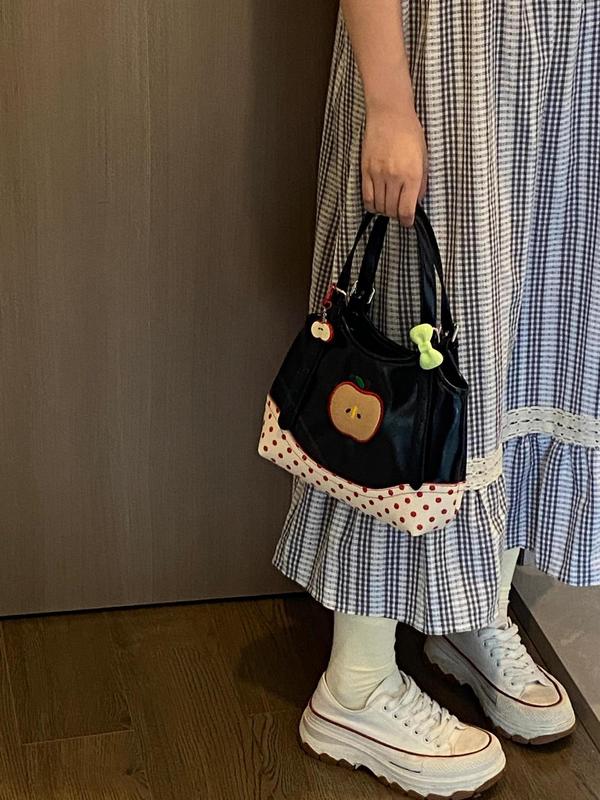2025 夏ニッチかわいいリンゴ刺繍ショルダー脇の下バッグ韓国スタイルガール水玉ハンドバッグ小さなトートバッグ|undefined
