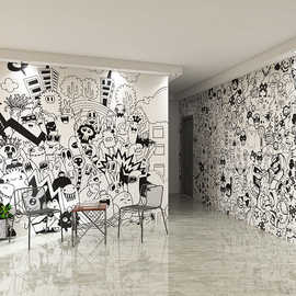 个性创意涂鸦墙纸黑白手绘嘻哈风墙布奶茶店男孩卧室背景强壁纸