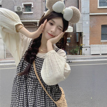 文艺小清新连衣裙女秋季2024新款格子设计感宽松高腰中长款背带裙