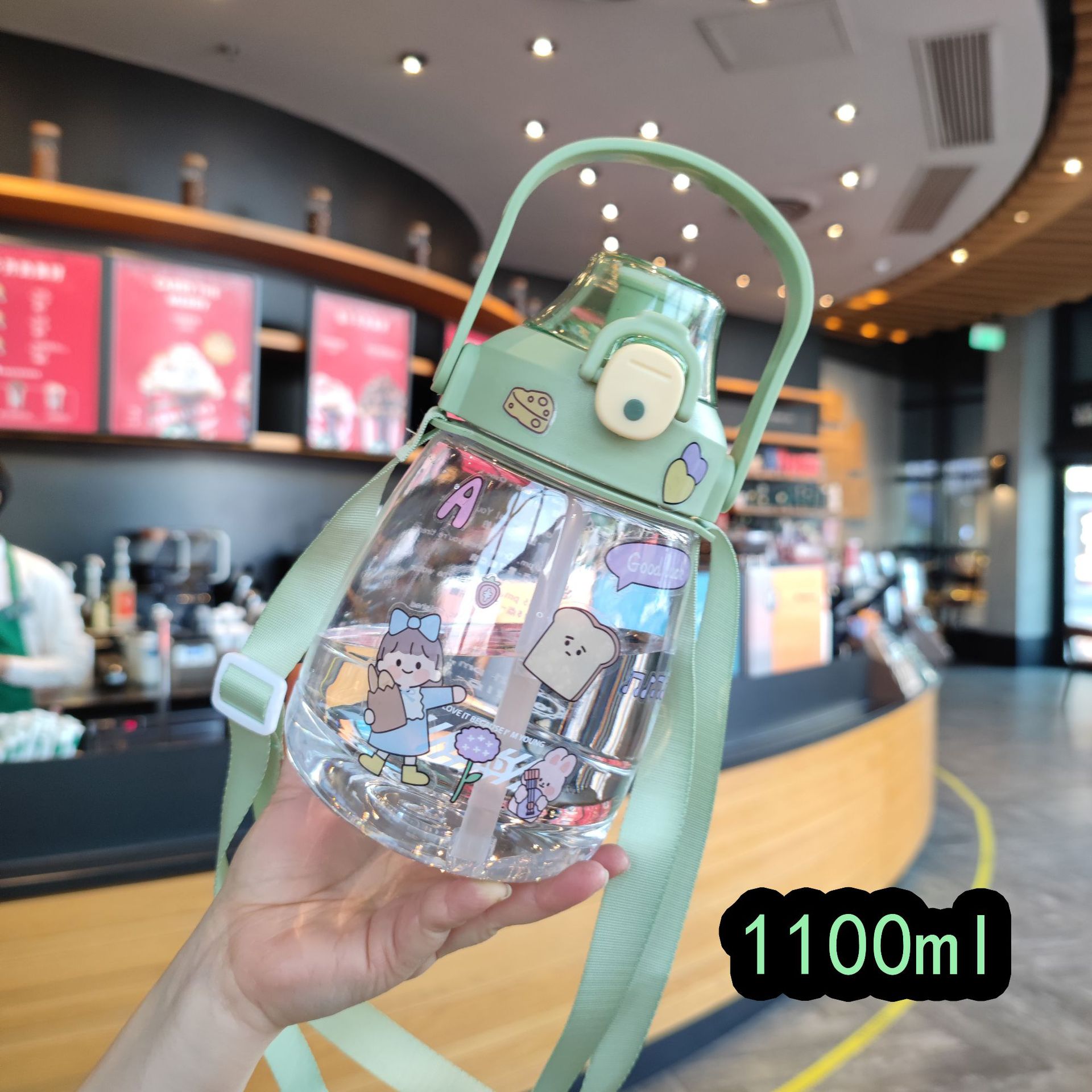 Internet celebridad grasa taza 1100ml gran capacidad estudiante Correa portátil botella de agua niños paja gran vientre taza libre 2D pegatinas