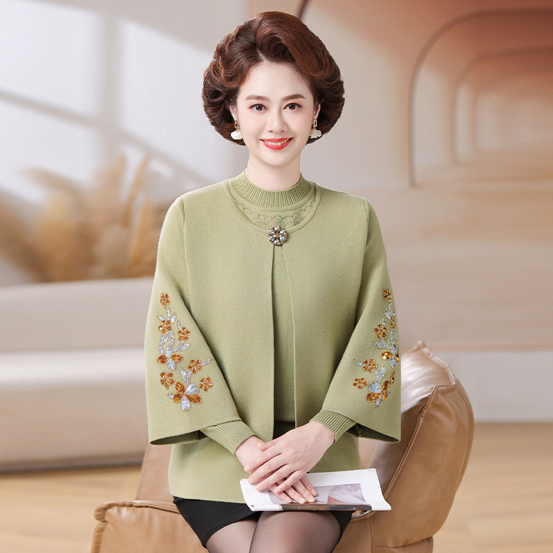 妈妈2025秋装洋气时尚针织衫两件套中老年女秋冬红色喜庆上衣套装|undefined
