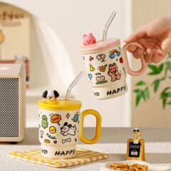 蓋付きストローマグ、見栄えの良いかわいい動物セラミックマグ、家庭用ウォーターカップ、カップルコーヒージュースカップ