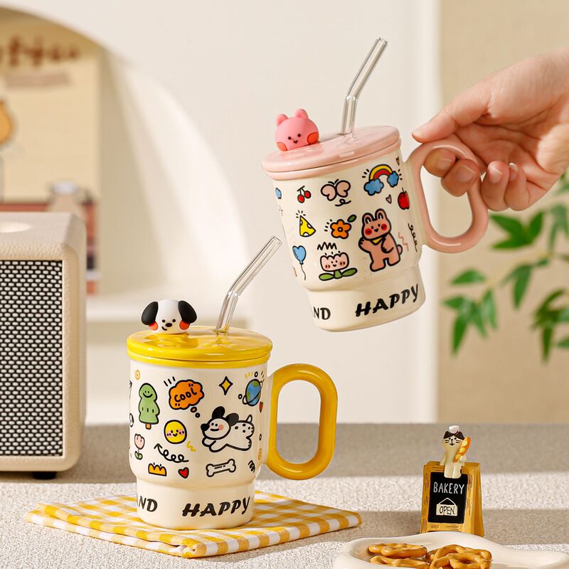 蓋付きストローマグ、見栄えの良いかわいい動物セラミックマグ、家庭用ウォーターカップ、カップルコーヒージュースカップ|undefined