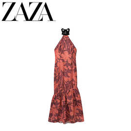ZAZA 自制欧美风 批发女装 时尚百搭气质休闲法式拼色挂脖连衣裙