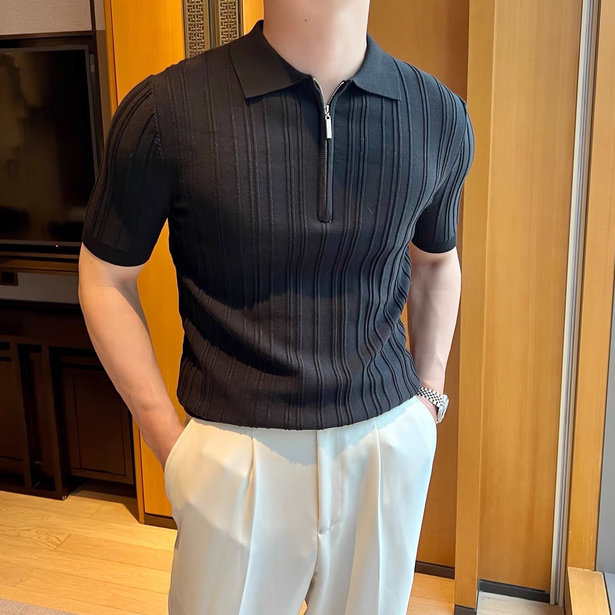 Verano nuevo polo de punto con cremallera para hombres de alta calidad de mangas cortas delgado retro americano camiseta de viaje ligera