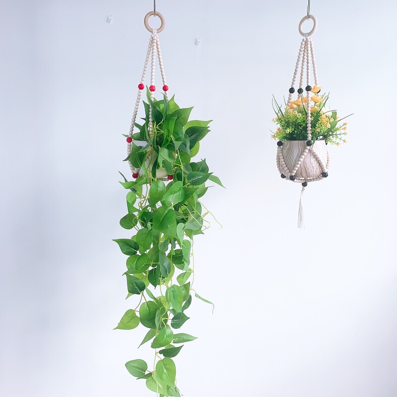Ins北欧風木珠植木鉢吊りかご掛け装飾家庭装飾創意珠串流蘇植木鉢吊りかご|undefined