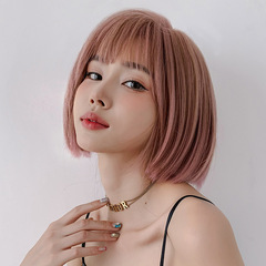 Manufacturer wholesale wigs for women with short hair, air bangs, fluffy bob, pink full headgear, personality, ear-length, medium and short hair