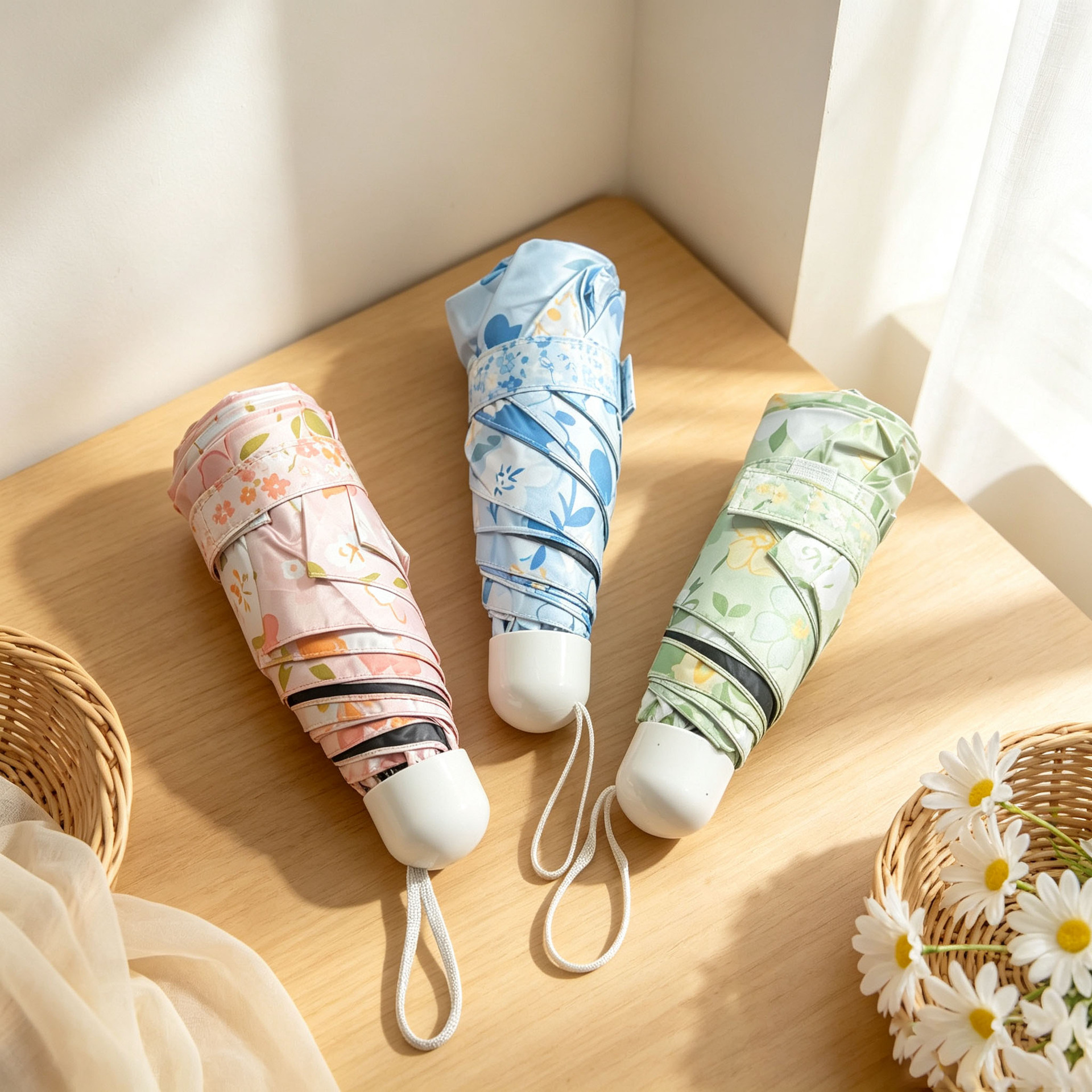 Cross-border new style fresh floral 50% off umbrella with black coating for sun protection, dual-purpose for sunny and rainy days, mini portable sunshade umbrella for women, wholesale