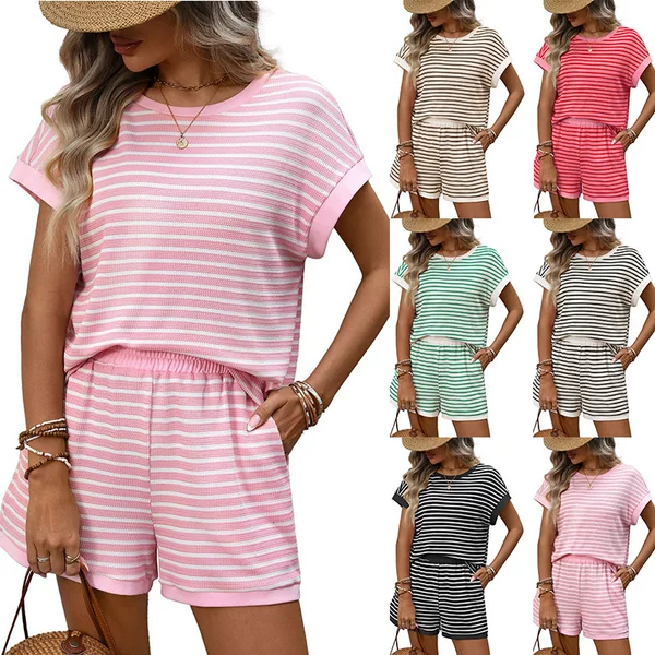 2026 New Summer Amazon European and American Tk Women's Round Neck Splicing Short-Sleeved Shorts Fashion Casual Two-Piece Suit