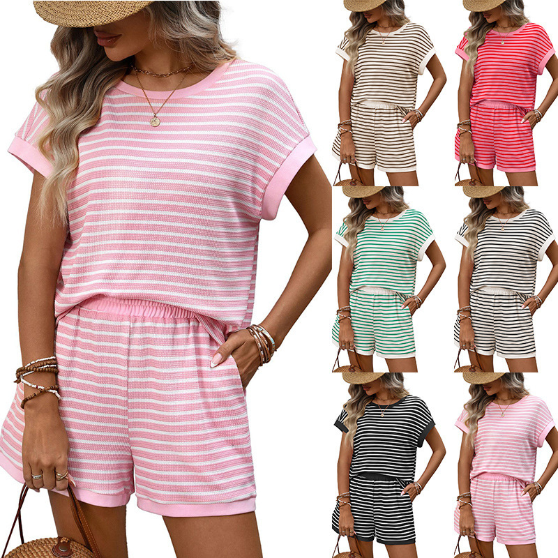 2026 New Summer Amazon European and American Tk Women's Round Neck Splicing Short-Sleeved Shorts Fashion Casual Two-Piece Suit