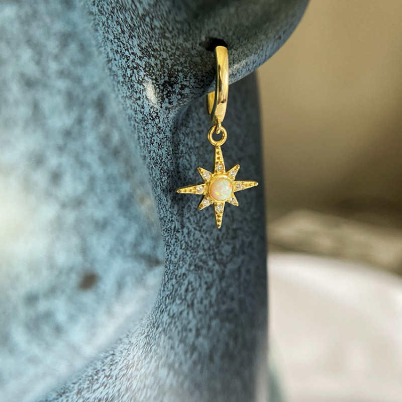 S925纯银电镀14K金 八芒星澳宝耳环女款欧美新款潮网红耳坠耳饰品